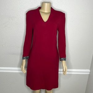 Escada Women's Red Duava Long Sleeve V-Neck Shift Dress Size 36/6